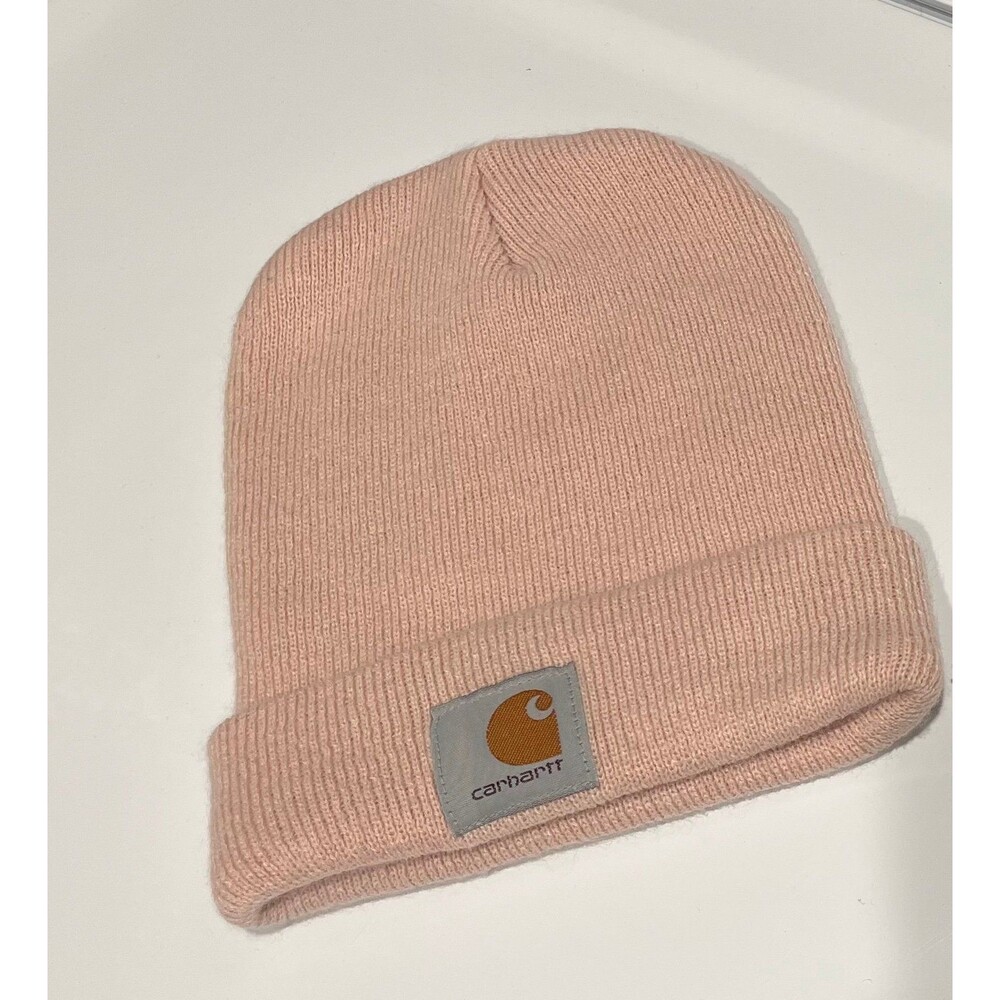 Carhartt knit cuffed beanie in a light pink/blush color. Classic simple design